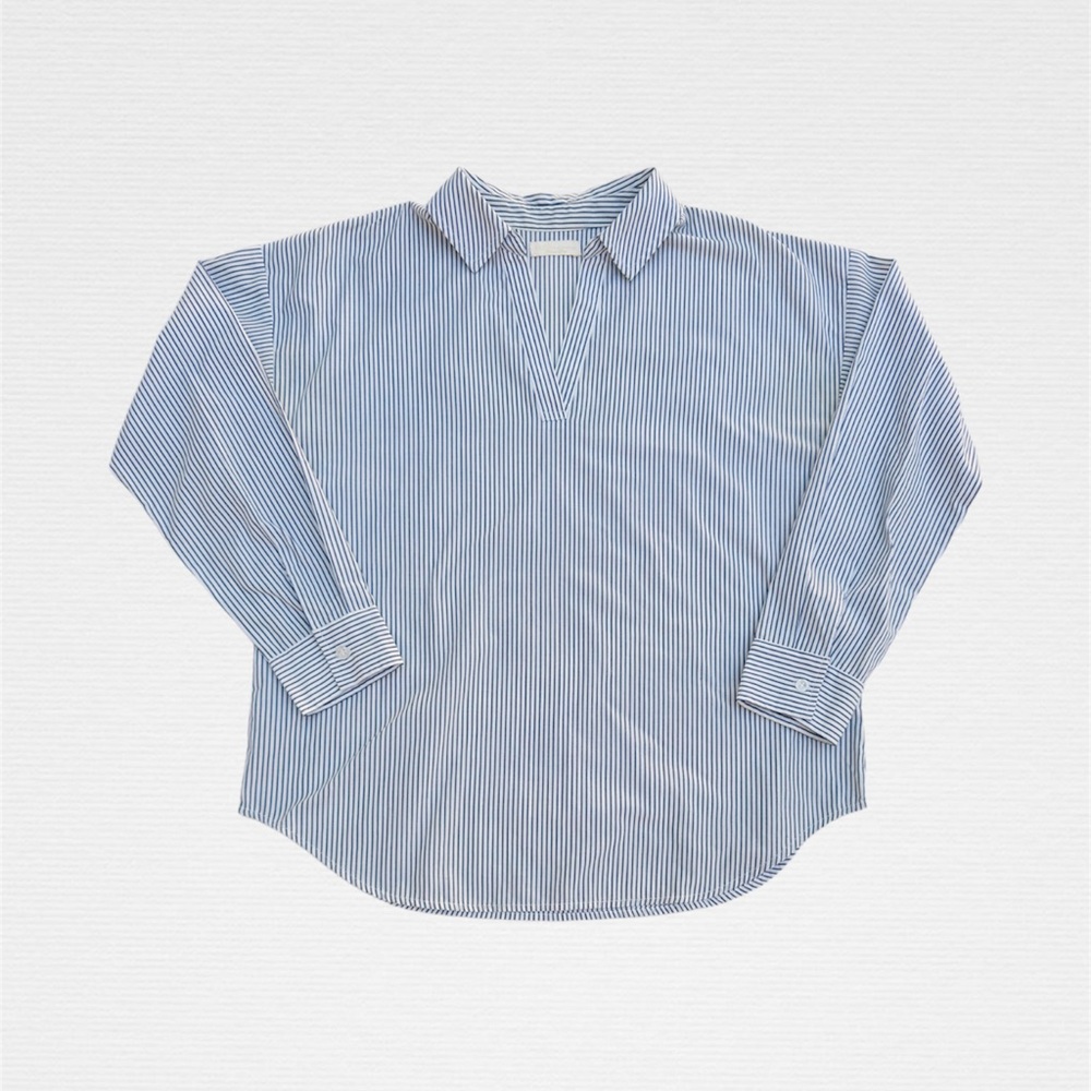 Earth Music & Ecology Blue Striped V-Neck Long Sleeve Blouse